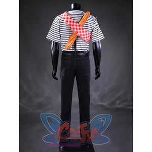 Gustave cosplay full outfit back view showing baguette and red checkered scarf crossed over striped shirt with dark pants