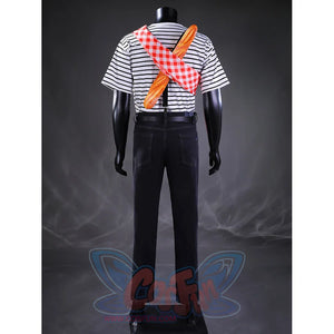 Gustave cosplay full outfit back view showing baguette and red checkered scarf crossed over striped shirt with dark pants