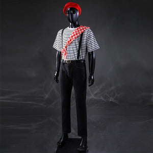 Gustave cosplay full costume front view with striped shirt, red beret, checkered scarf, and black suspenders