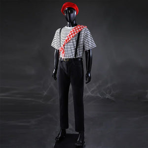 Gustave cosplay full costume front view with striped shirt, red beret, checkered scarf, and black suspenders