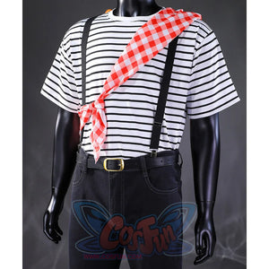 Gustave cosplay upper body detail showing striped t-shirt, red checkered scarf, black suspenders, and gold-buckle belt