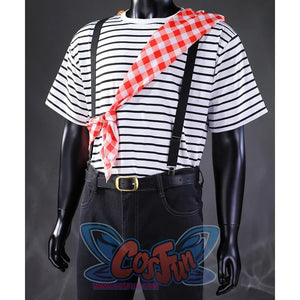Gustave cosplay upper body detail showing striped t-shirt, red checkered scarf, black suspenders, and gold-buckle belt