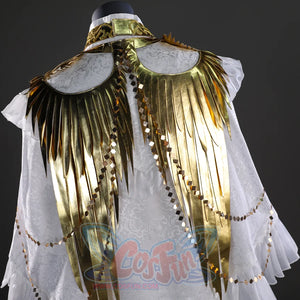 Close - up of the gold wing - shaped decorations on the back of Gwyndolin’s cosplay robe.