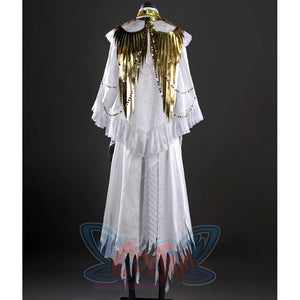 Close - up rear perspective of Gwyndolin’s cosplay, emphasizing the elaborate gold wing structures and patterned white fabric.