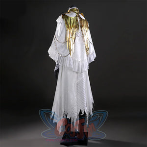 Side view of the Gwyndolin cosplay costume, highlighting the gold wing - like embellishments and flowing white robe design.