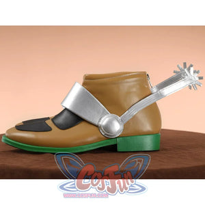 Gyro Zeppeli cosplay boot side view highlighting silver spur and ball detail, brown leather, and green sole
