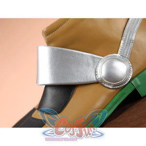 Gyro Zeppeli cosplay boot close-up of silver buckle strap over black panel with green sole detail