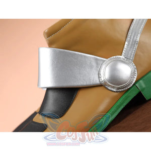 Gyro Zeppeli cosplay boot close-up of silver buckle strap over black panel with green sole detail