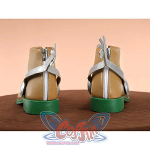 Gyro Zeppeli cosplay boots back view showing silver cross straps, brown leather, back zipper, and green soles