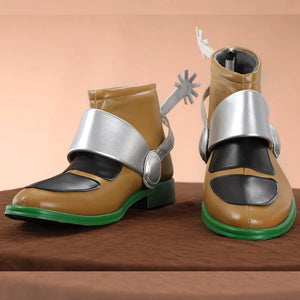 Gyro Zeppeli cosplay boots with silver metallic straps, brown leather, black panels, green soles, and spur