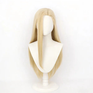Anime Gyro Zeppeli cosplay wig with long straight gold hair displayed on a mannequin head