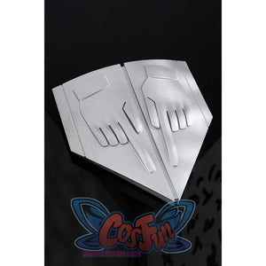 Gyro Zeppeli cosplay belt buckle prop shown at angle with hand wing embossed design