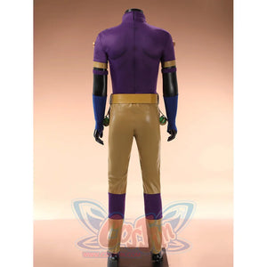 Gyro Zeppeli cosplay costume back view showing purple top and tan pants without cape