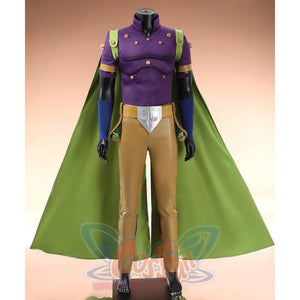 Gyro Zeppeli cosplay costume front view with purple top, green cape, and tan pants