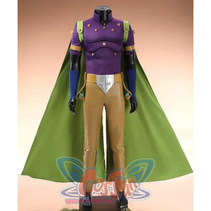 Anime Gyro Zeppeli cosplay top layers a lime green shoulder-strapped cape over a gold-studded purple shirt.