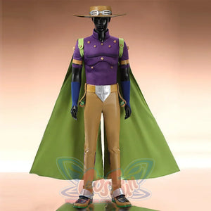 COSFUN Anime Gyro Zeppeli cosplay costume sets a purple studded top under a sweeping green cape.