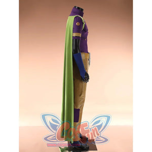 Gyro Zeppeli cosplay costume left side view displaying the full green cape and purple top