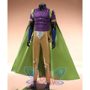 Anime Gyro Zeppeli cosplay belt anchors a gold shield buckle at the waist beneath a long green cape.