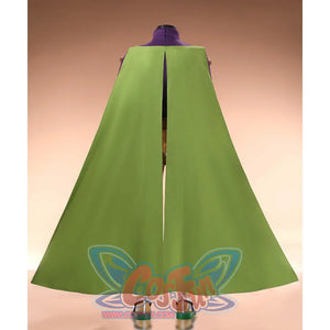 Anime Gyro Zeppeli cosplay cloak drops to full length with a rear split and high purple collar.