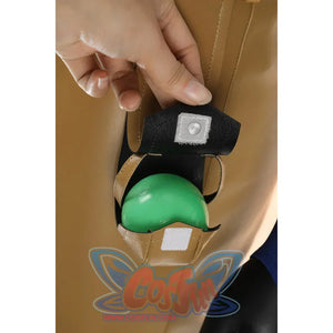 Anime Gyro Zeppeli cosplay pouch holds a green ball in a tan accessory anchored to the costume with white fasteners.