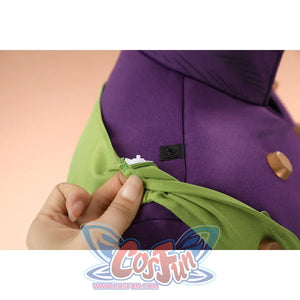 Anime Gyro Zeppeli cosplay top layers a green overlay over a Velcro fastener on the gold-buttoned purple garment.