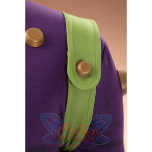 Gyro Zeppeli cosplay green strap with brass button fasteners on purple top detail