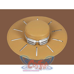 Anime Gyro Zeppeli cosplay hat frames a slotted tan brim with decorative goggles around the crown.