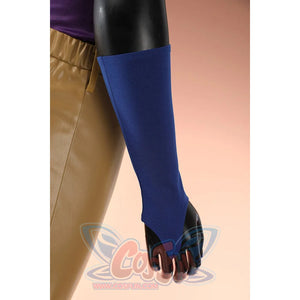 Gyro Zeppeli cosplay leg detail showing blue boot, black glove, and tan pants