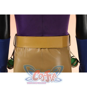 Gyro Zeppeli cosplay tan pants and belt back view with purple top and accessories