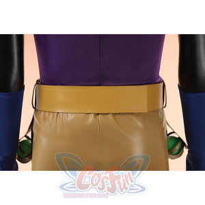 Gyro Zeppeli cosplay tan pants and belt back view with purple top and accessories