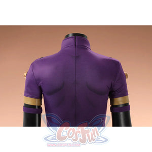 Gyro Zeppeli cosplay purple top back view displaying center zipper and seam details