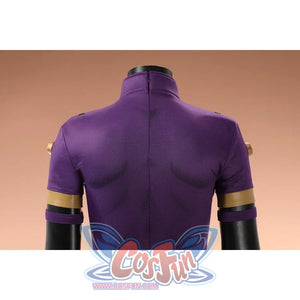 Gyro Zeppeli cosplay purple top back view displaying center zipper and seam details
