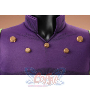 Gyro Zeppeli cosplay purple top close-up showing collar and brass button details