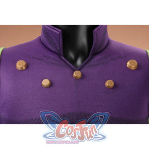 Anime Gyro Zeppeli cosplay collar sets five brass studs along the standing neckline of the purple top.