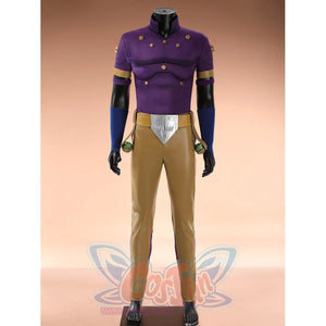 Gyro Zeppeli cosplay purple top with tan pants front view without cape on mannequin
