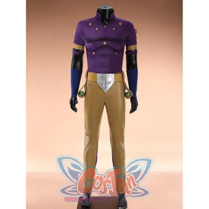 Anime Gyro Zeppeli cosplay top pairs gold-stud detailing and purple side-striped tan pants with a green-sphere belt.