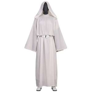 Star Princess Leia Cosplay Costume, white hooded robe and matching belt, front view. shoes not included in the set.