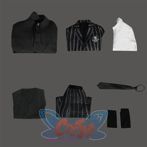Halloween Wed Addams Nevermore Academy Uniform Cosplay Costume Set includes coat, jacket, skirt, vest, shirt, socks, tie.