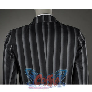 The stripes on the suit are evenly distributed, adding a sense of refinement.