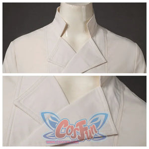 Close - up of the beige inner shirt’s unique folded collar. Shows stitching and collar structure.