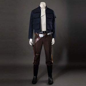 Front view of Han Solo Cosplay Costume, including the navy blue jacket, beige inner shirt, brown pants with gold side details, and iconic belt with blaster.