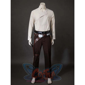 Front view featuring only the beige inner shirt, paired with the brown pants, belt, and blaster. Highlights the shirt’s design.
