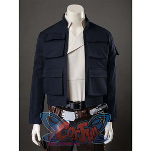 Close - up of the navy blue jacket partially open, revealing the beige inner shirt. Highlights the jacket’s pockets and the belt with blaster.