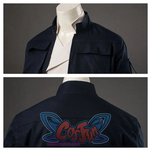 Shows the navy - blue jacket of Han Solo costume, front with inner shirt visible, back plain. Highlights jacket’s collar and pocket design.