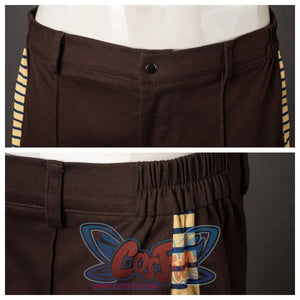 Features brown pants with striped side panels. Shows button and elastic waistband design.