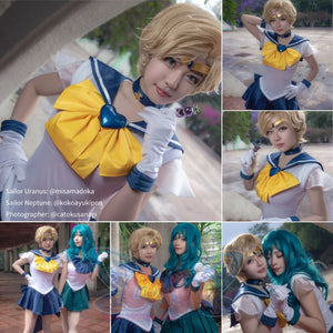 Sailor Uranus Haruka Tenoh Amara cosplay sailor collar uniforms gather pleated skirts and bows alongside tiaras and gloves.