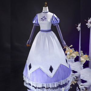 Emily cosplay dress, front view – Purple and white color-blocked long dress, full front view.
