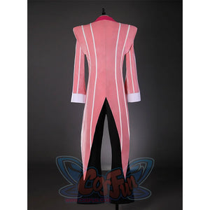 Hazbin Hotel Alastor cosplay costume back view, showing pink striped tailcoat with long coat tails
