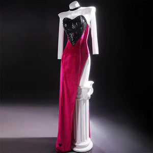 Angel Dust cosplay costume full-length formal gown with black sequin bodice and magenta velvet skirt on mannequin