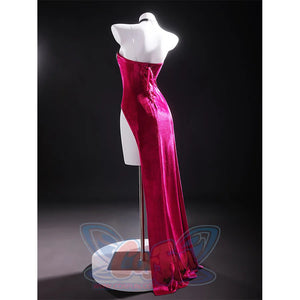 Angel Dust cosplay costume back view showing lace-up corset design and flowing magenta velvet skirt